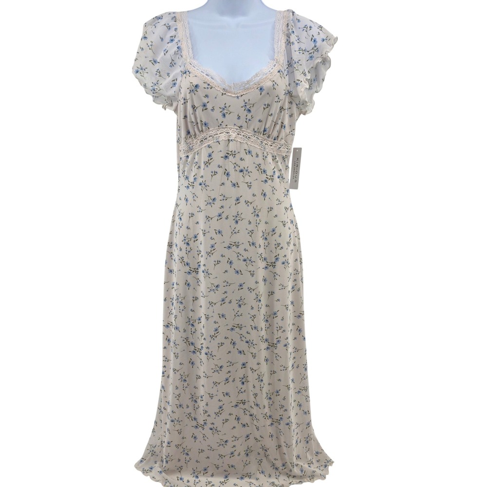 Floral Lace-Trim Midi Dress in Cream with Blue Print - Picture 2 of 6